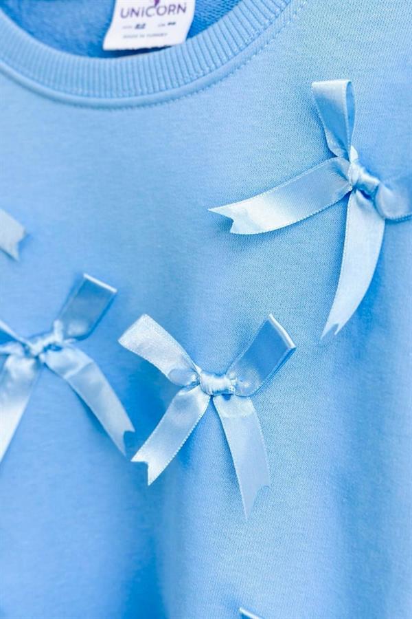 Kız Çocuk 3 İplik Kurdela Detaylı İspanyol Taytlı Mavi Takım