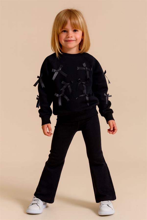 Kız Çocuk 3 İplik Kurdela Detaylı İspanyol Taytlı Siyah Takım