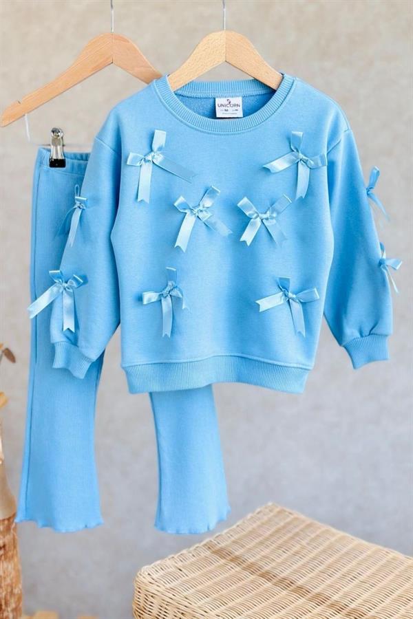 Kız Çocuk 3 İplik Kurdela Detaylı İspanyol Taytlı Mavi Takım