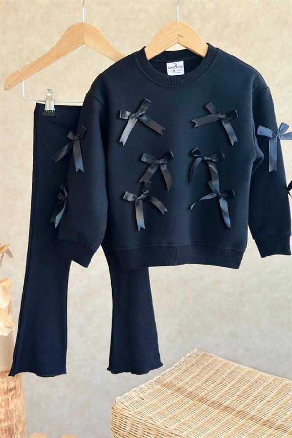 Kız Çocuk 3 İplik Kurdela Detaylı İspanyol Taytlı Siyah Takım