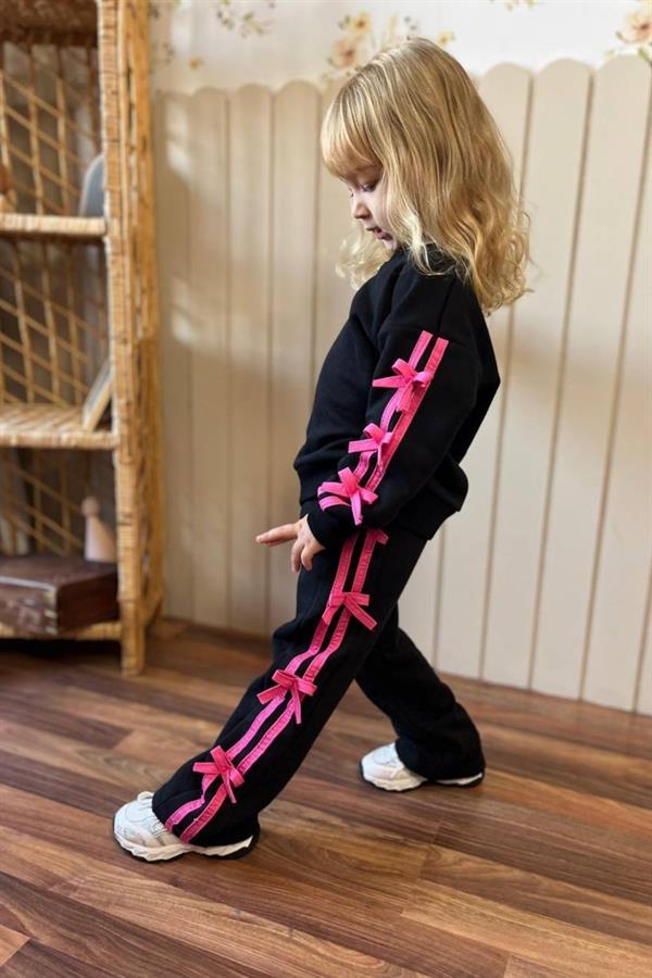 Kız Çocuk 3 İplik Kurdela Detaylı Siyah Takım