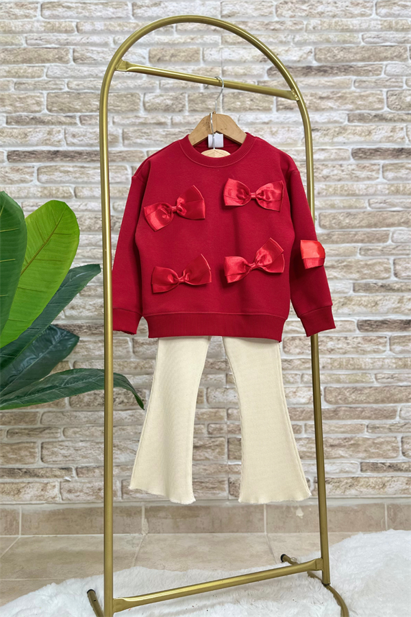 Kız Çocuk 3 İplik Kurdele Detaylı İspanyol Taytlı Takım