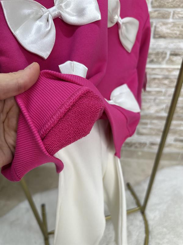 Kız Çocuk 3 İplik Kurdele Fuşya Detaylı İspanyol Taytlı Takım
