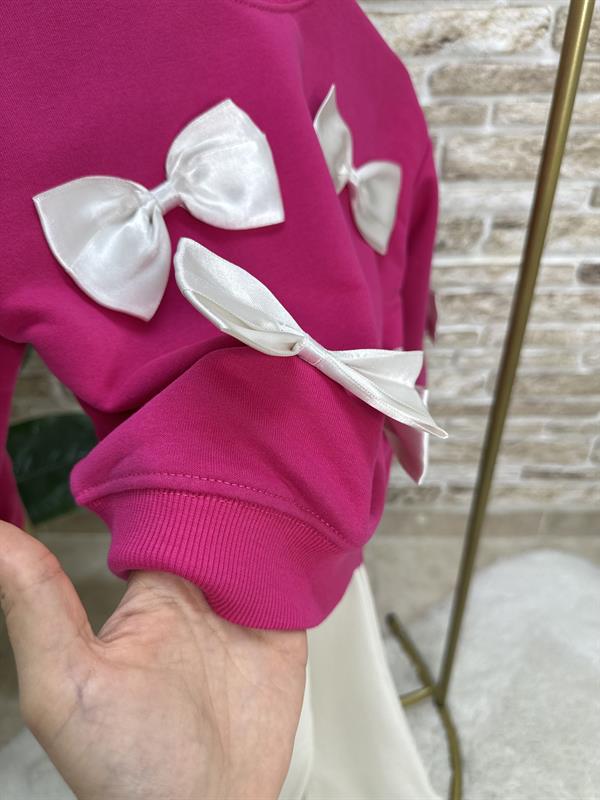 Kız Çocuk 3 İplik Kurdele Fuşya Detaylı İspanyol Taytlı Takım