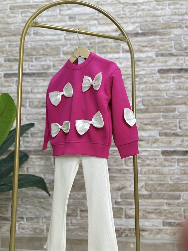 Kız Çocuk 3 İplik Kurdele Fuşya Detaylı İspanyol Taytlı Takım