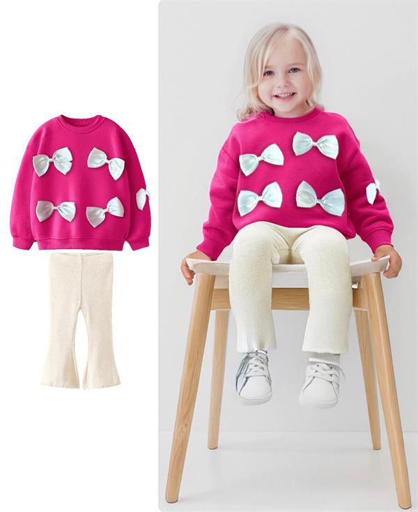 Kız Çocuk 3 İplik Kurdele Fuşya Detaylı İspanyol Taytlı Takım