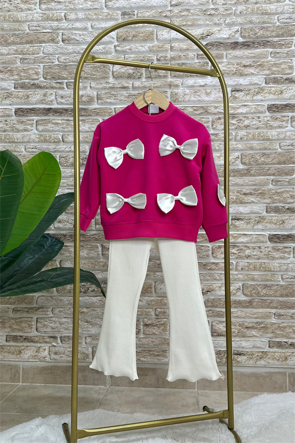Kız Çocuk 3 İplik Kurdele Fuşya Detaylı İspanyol Taytlı Takım