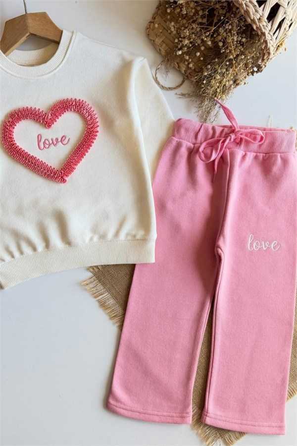 Kız Çocuk 3 İplik Love Pembe Takım