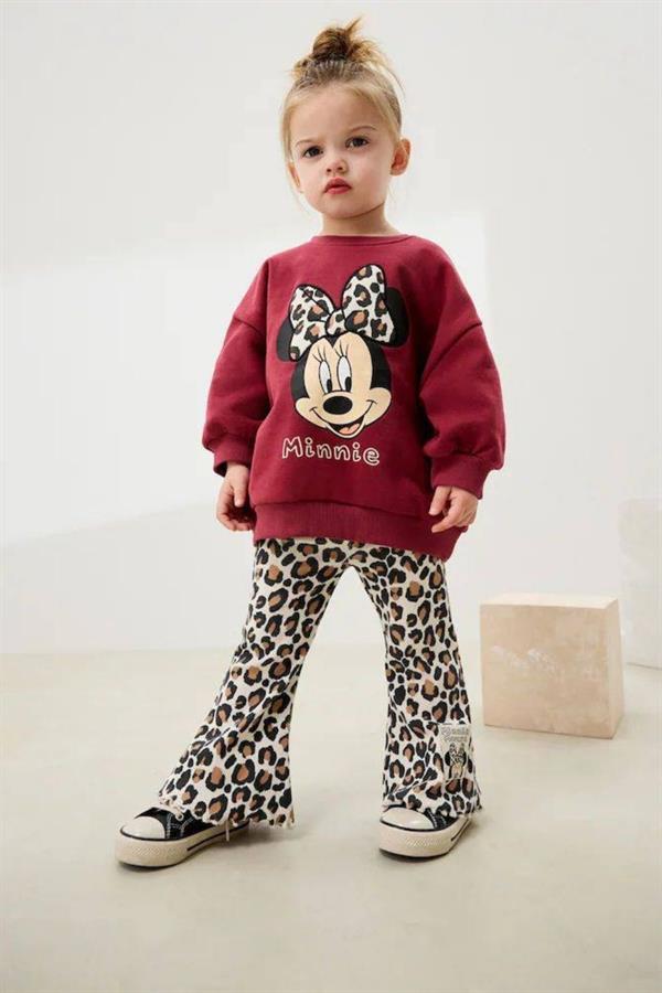 Kız Çocuk 3 İplik Minnie Leopar Taytlı Takım