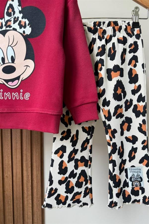 Kız Çocuk 3 İplik Minnie Leopar Taytlı Takım