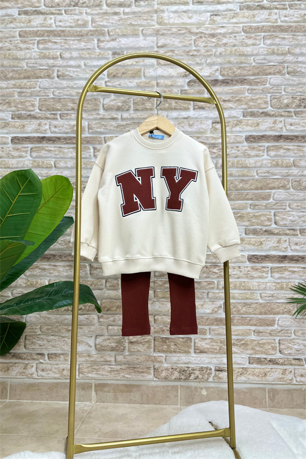 Kız Çocuk 3 İplik Ny Kahve Ekru Taytlı Takım