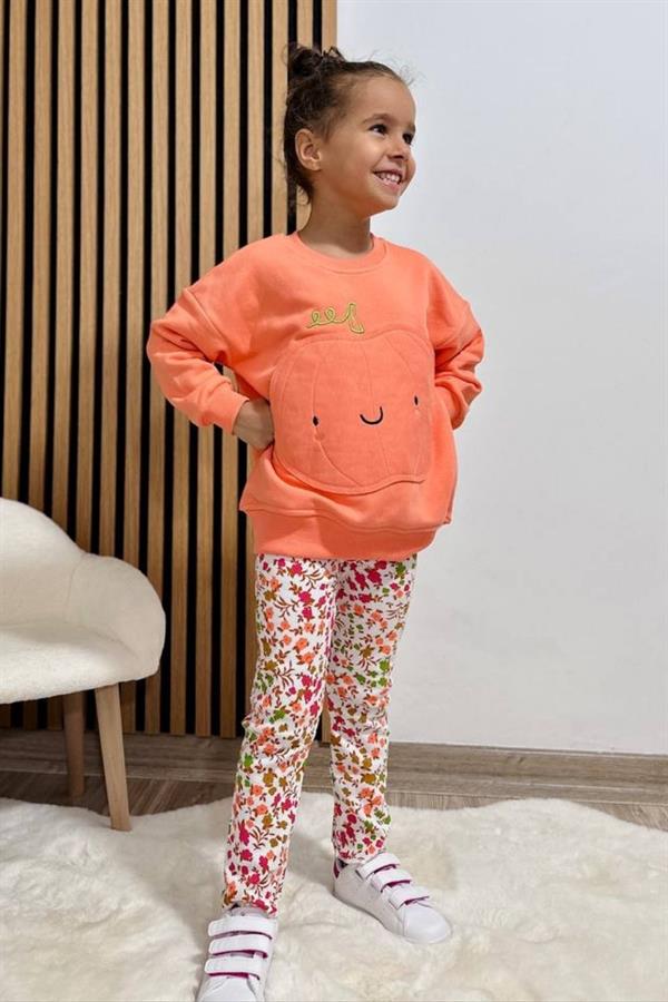 Kız Çocuk 3 iplik Oranj Çiçekli Taytlı Takım