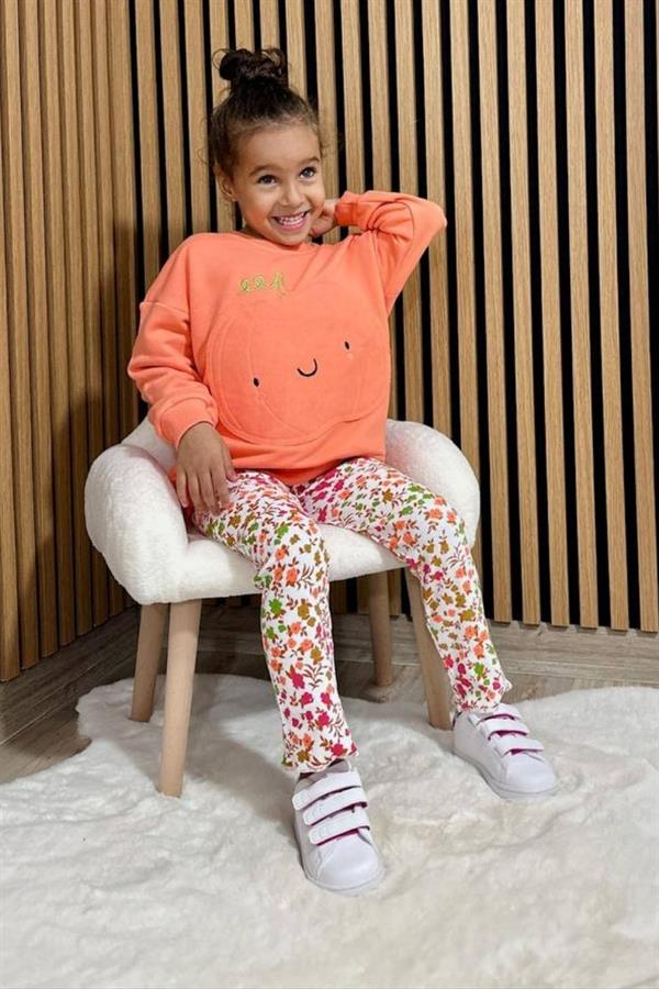 Kız Çocuk 3 iplik Oranj Çiçekli Taytlı Takım