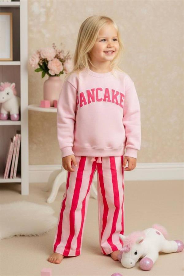 Kız Çocuk 3 İplik Pancake Sweat Canvas Pantalonlu Takım