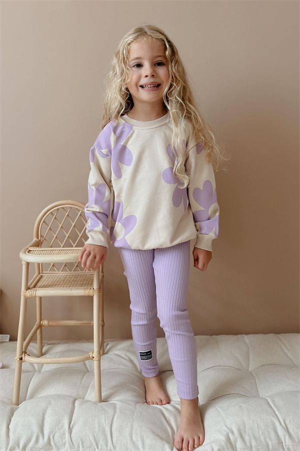Kız Çocuk 3 İplik Papatyalı Lila Taytlı Takım