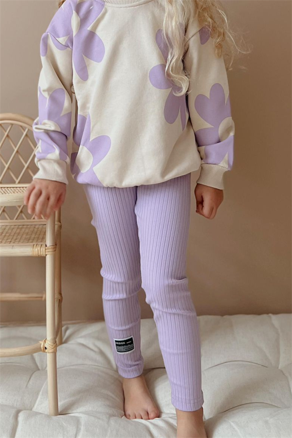 Kız Çocuk 3 İplik Papatyalı Lila Taytlı Takım