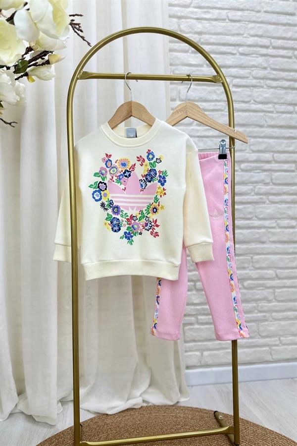 Kız Çocuk 3 İplik Pembe Adids Taytlı Takım