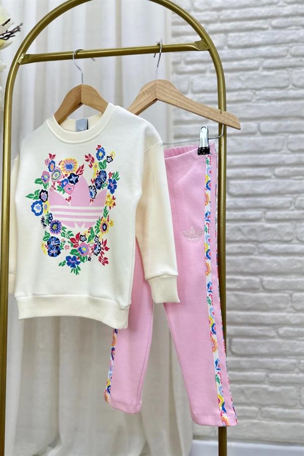 Kız Çocuk 3 İplik Pembe Adids Taytlı Takım