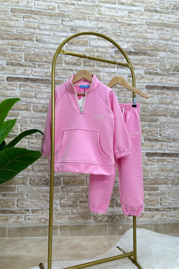 Kız Çocuk 3 İplik  Pembe Yarım Fermuarlı İkili Takım