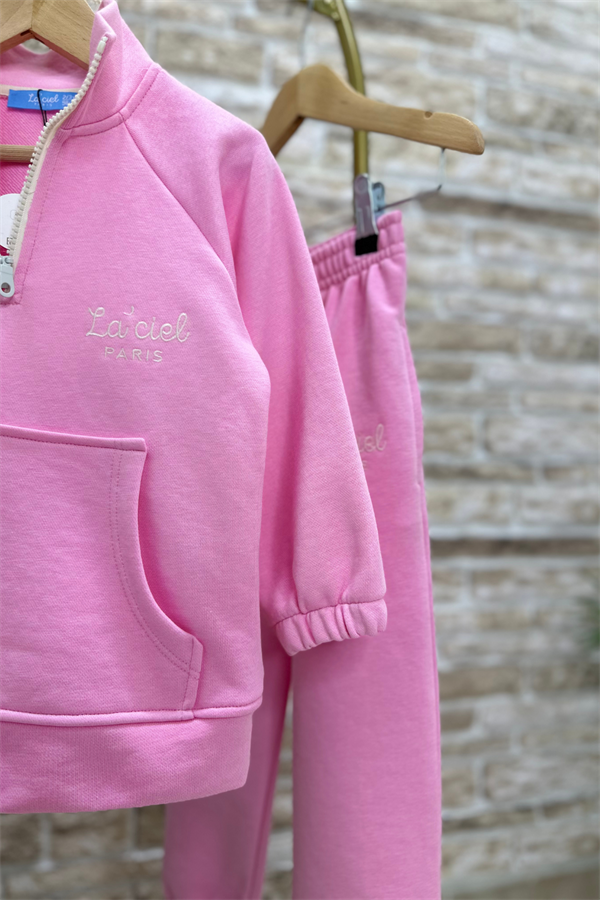 Kız Çocuk 3 İplik  Pembe Yarım Fermuarlı İkili Takım