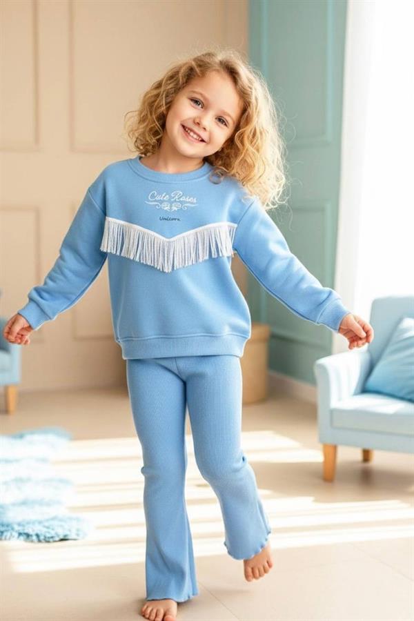 Kız Çocuk 3 İplik Püskül Detaylı Mavi Taytlı Takım
