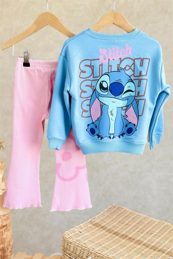 Kız Çocuk 3 İplik Stitch Kulalklı Mavi Taytlı Takım