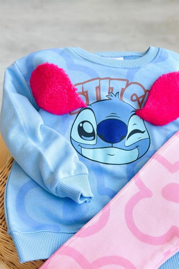 Kız Çocuk 3 İplik Stitch Kulalklı Mavi Taytlı Takım