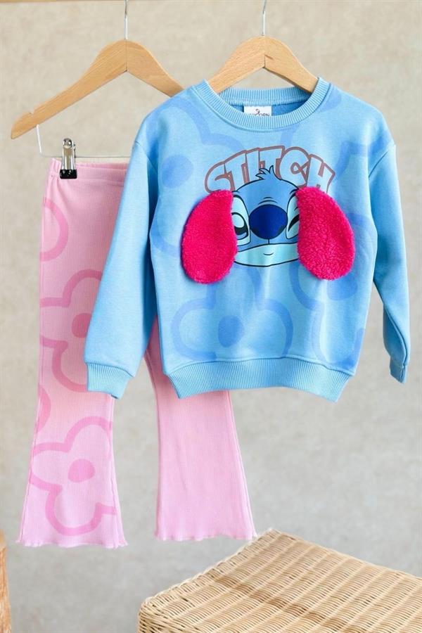 Kız Çocuk 3 İplik Stitch Kulalklı Mavi Taytlı Takım