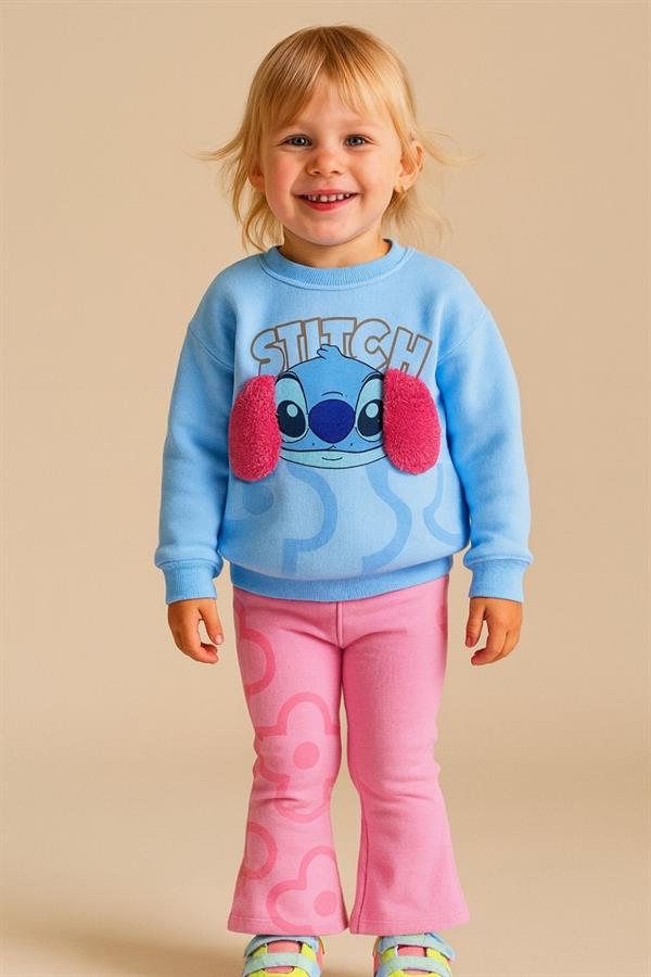 Kız Çocuk 3 İplik Stitch Kulalklı Mavi Taytlı Takım