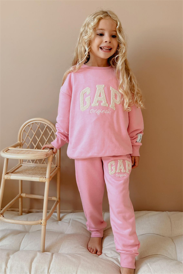 Kız Çocuk 3 İplik Süzene Nakışlı Pembe Gap Takım