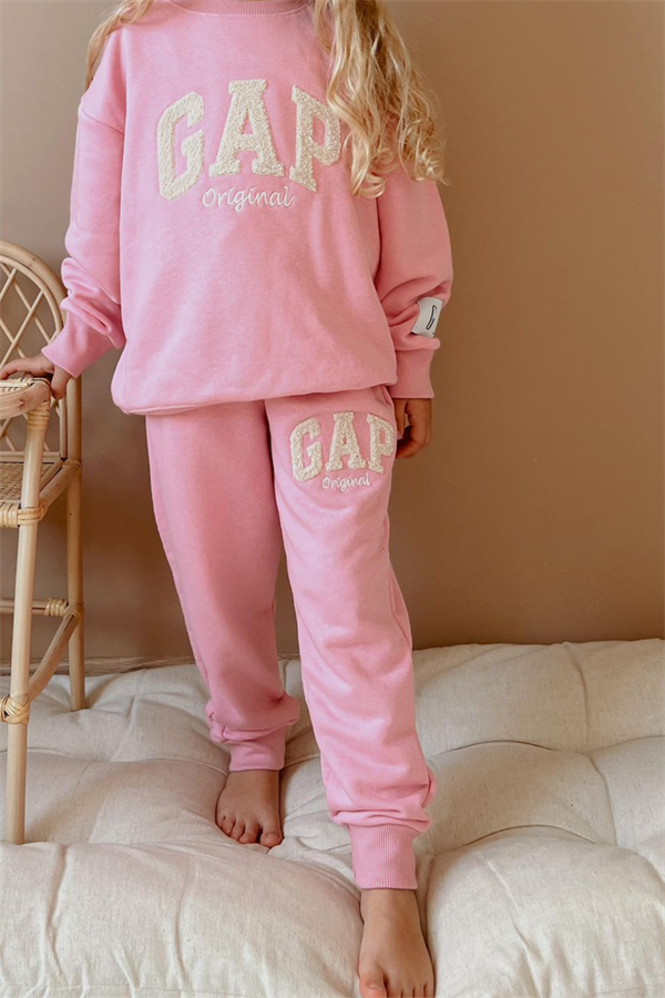 Kız Çocuk 3 İplik Süzene Nakışlı Pembe Gap Takım