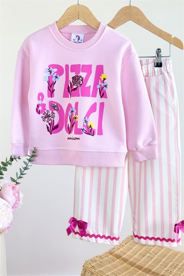 Kız Çocuk 3 İplik Sweat Cotton Pantolon Pizza Takım