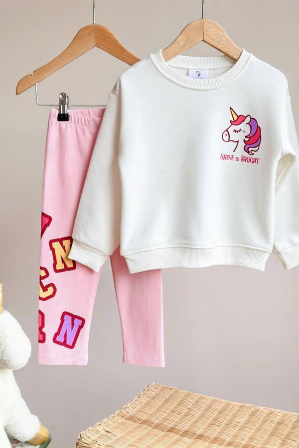 Kız Çocuk 3 İplik Unicorn Baskı Taytlı Takım