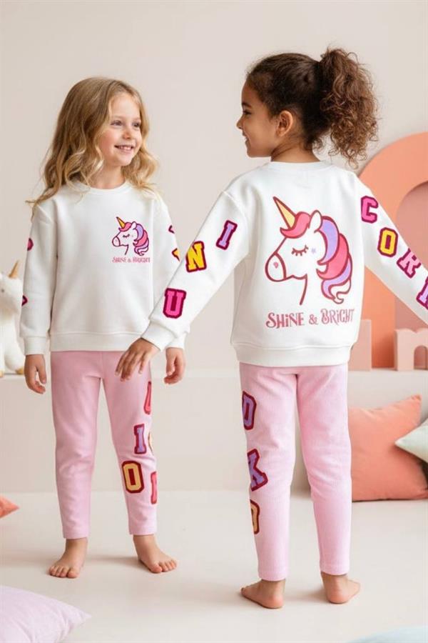 Kız Çocuk 3 İplik Unicorn Baskı Taytlı Takım