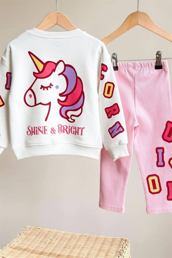Kız Çocuk 3 İplik Unicorn Baskı Taytlı Takım