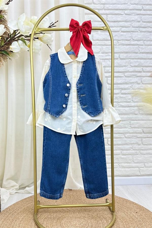 Kız Çocuk 3 Parça Güpür Gömlek Yelekli Laciel Takım