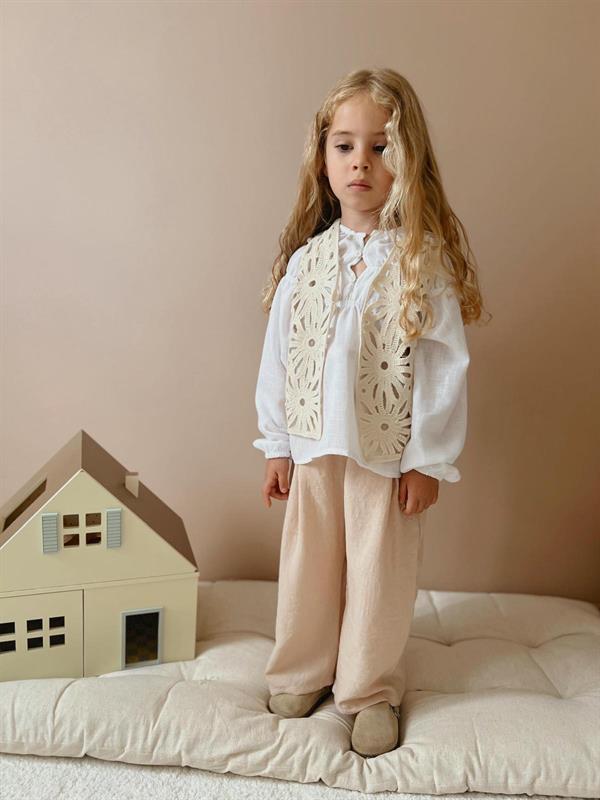 Kız Çocuk 3 Parça Keten Örme Yelekli Takım