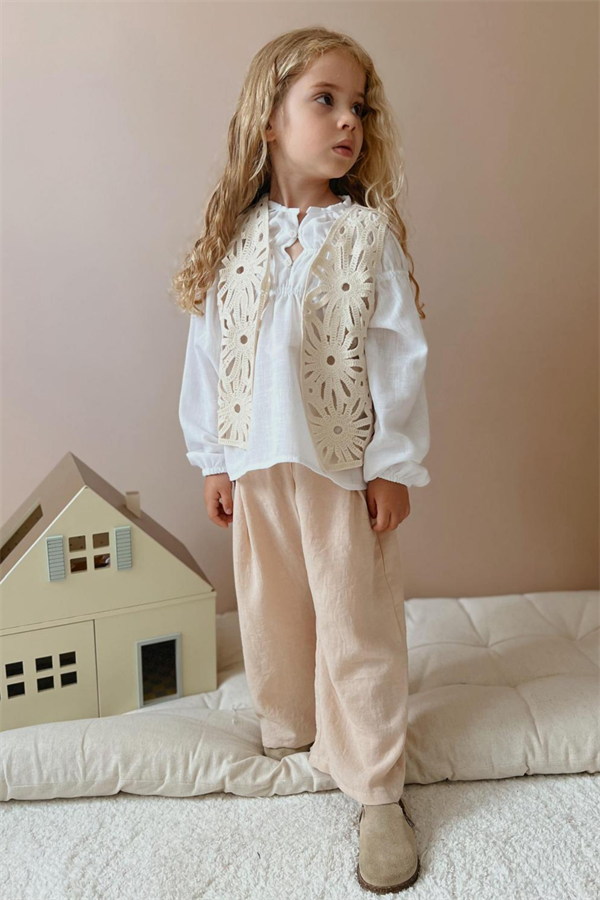 Kız Çocuk 3 Parça Keten Örme Yelekli Takım