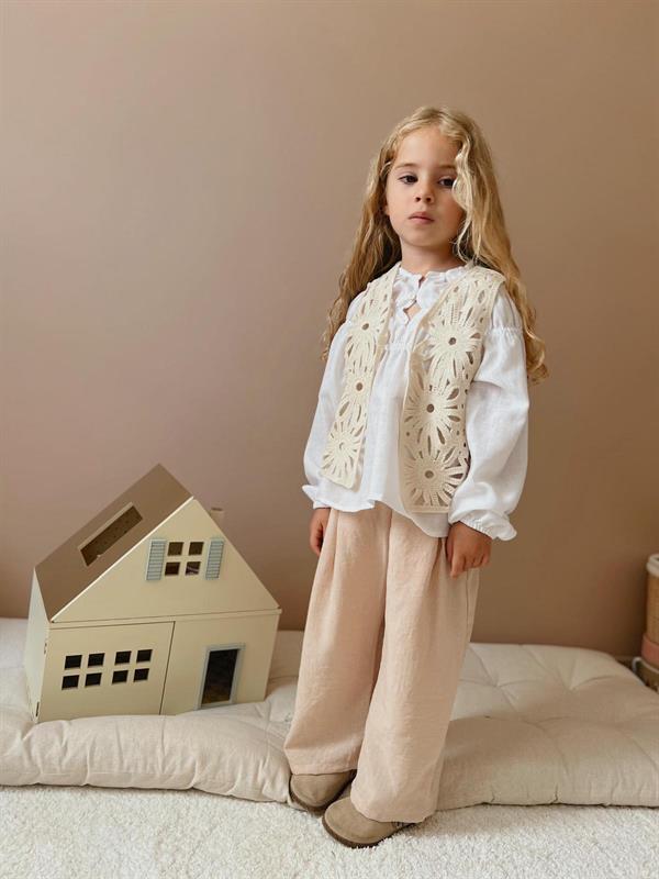 Kız Çocuk 3 Parça Keten Örme Yelekli Takım