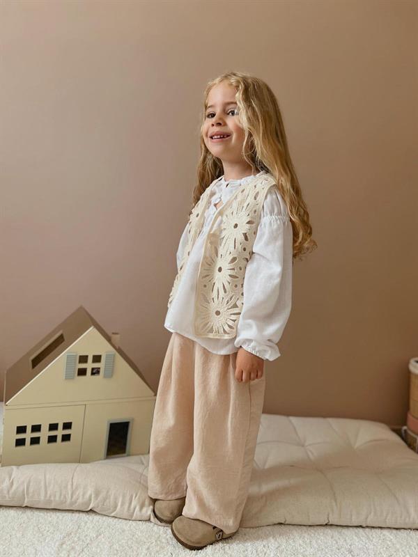 Kız Çocuk 3 Parça Keten Örme Yelekli Takım