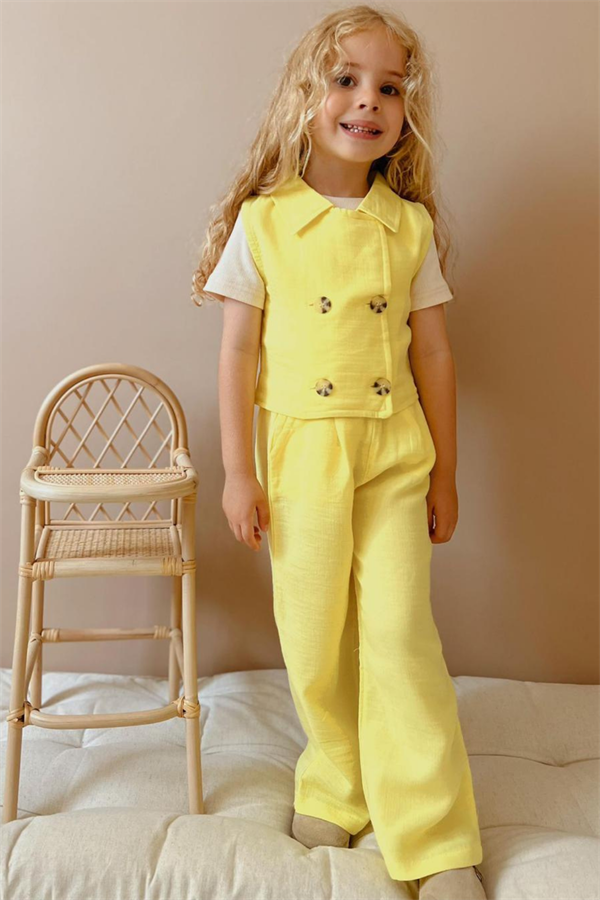 Kız Çocuk 3 Parça Sarı Müslin Takım