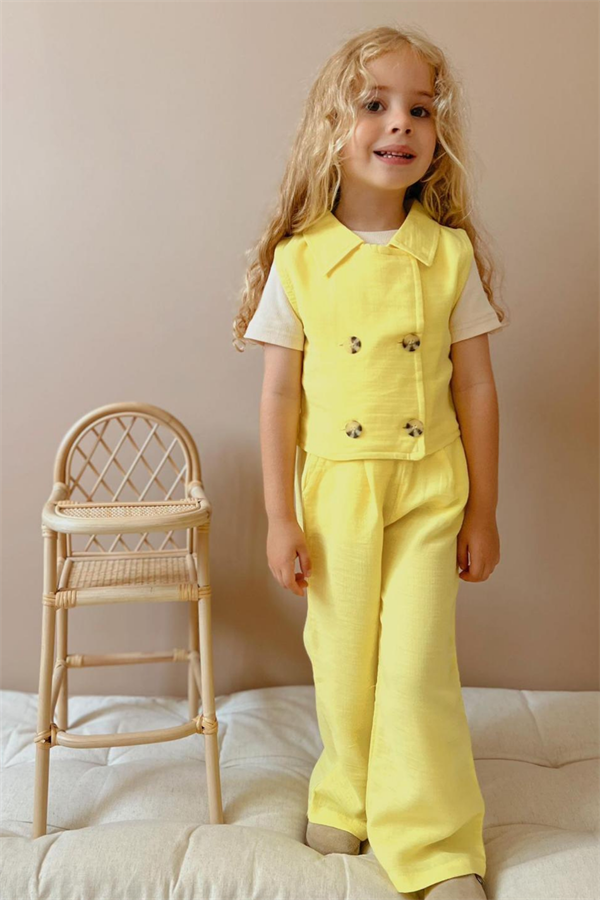 Kız Çocuk 3 Parça Sarı Müslin Takım