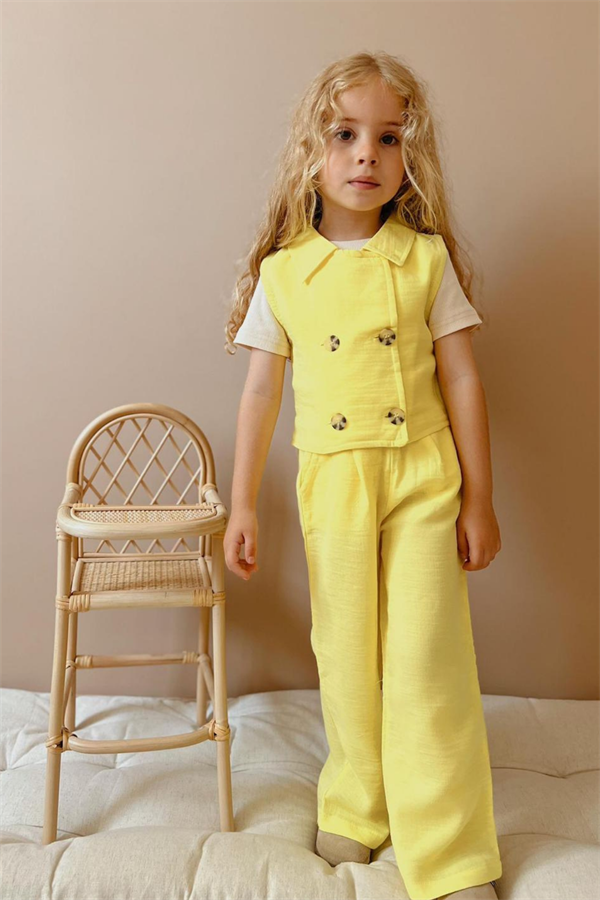 Kız Çocuk 3 Parça Sarı Müslin Takım