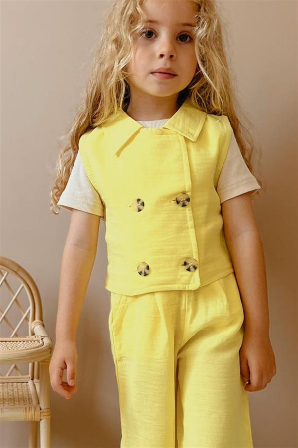 Kız Çocuk 3 Parça Sarı Müslin Takım