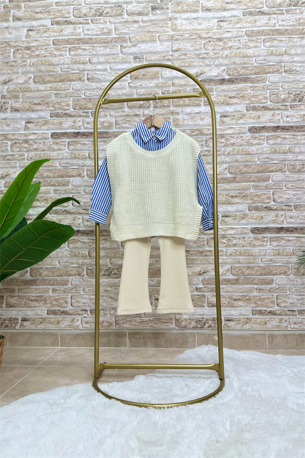 Kız Çocuk 3 Parça Triko Süveter Gömlek Tayt Takım