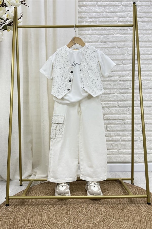 Kız Çocuk 3 Parça Yelekli Denim Pullu Üçlü Takım