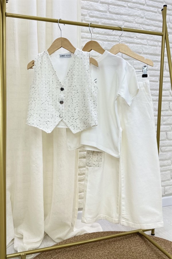 Kız Çocuk 3 Parça Yelekli Denim Pullu Üçlü Takım