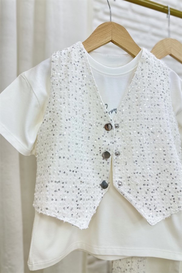 Kız Çocuk 3 Parça Yelekli Denim Pullu Üçlü Takım