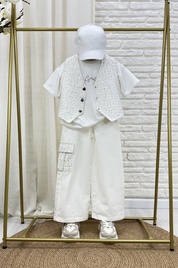 Kız Çocuk 3 Parça Yelekli Denim Pullu Üçlü Takım