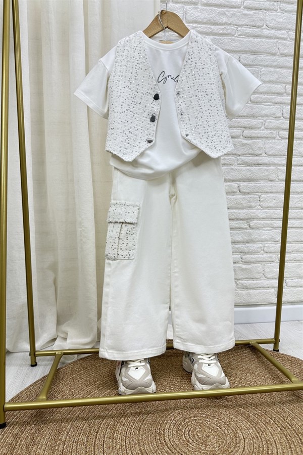 Kız Çocuk 3 Parça Yelekli Denim Pullu Üçlü Takım